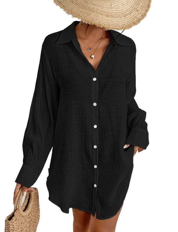 Bsubseach Women Black Sheer Swim Coverups Button Down Shirt Cover Up