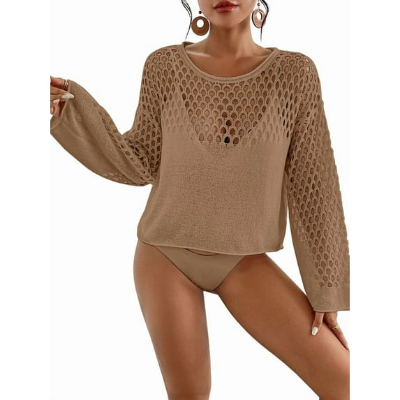 Bsubseach Bathing Suit Cover Up for Women Hollow Out Crochet Tops Round Neck Beach Coverups
