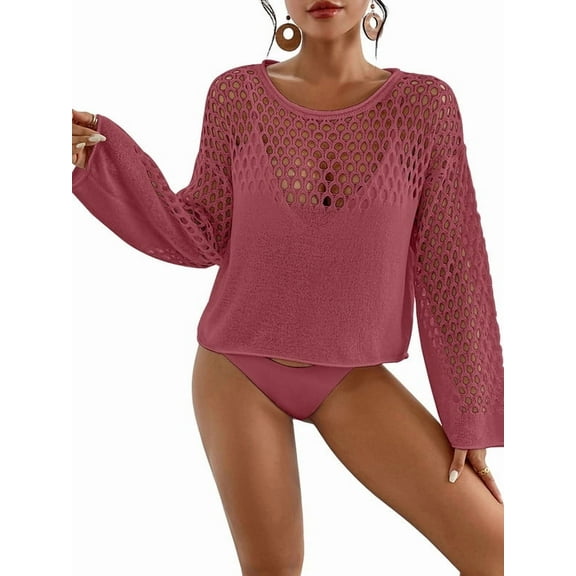 Bsubseach Bathing Suit Cover Up for Women Hollow Out Crochet Tops Round Neck Beach Coverups