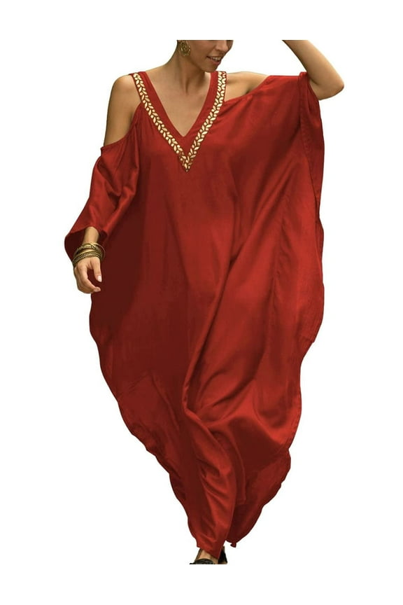 Women Cold Shoulder V Neck Plus Size Bikini Swimsuit Cover Ups Beach Maxi Dress