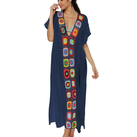 Bsubseach Women Crochet Caftan Dress Swimsuit Cover up Summer Short Sleeve Bikini Coverup