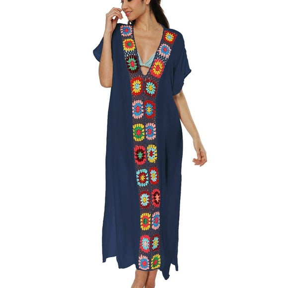 Bsubseach Women Crochet Caftan Dress Swimsuit Cover up Summer Short Sleeve Bikini Coverup