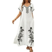 Bsubseach Women Embroiderede Kaftan V Neck Long Bathing Suit Cover Up Casual Beach Dresses