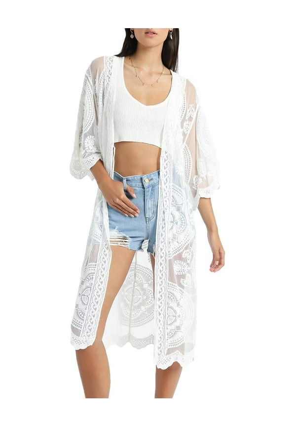 Women Mesh Lace Kimono Cardigan Swimsuit Cover Ups Floral Beachwear Dress