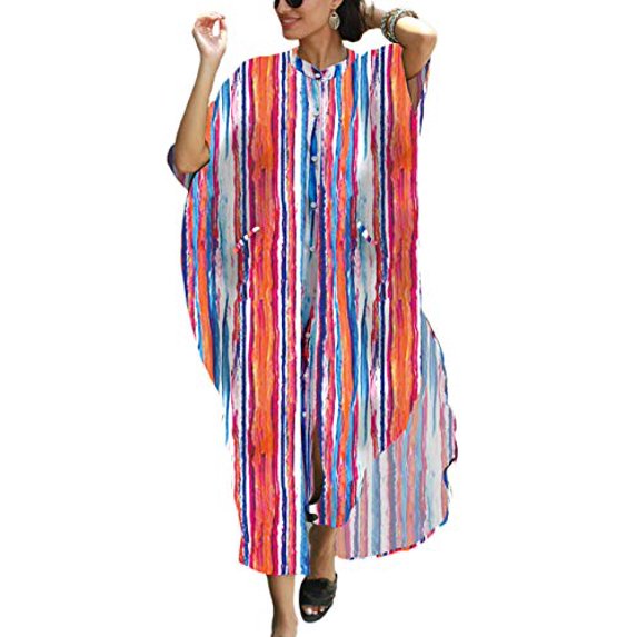 Bsubseach Women Stylish Colorful Stripe Print Swimsuit Cover ups plus Size Caftan Dresses Button up