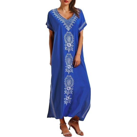 Bsubseach Kaftan Dress for Women V Neck Short Sleeve Beach Long Swimsuit Cover Up, One Size, 100% Rayon