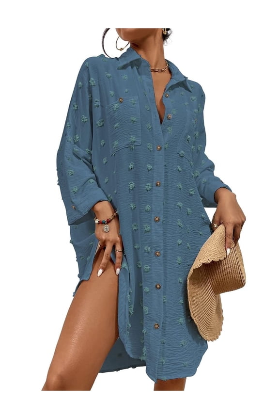 Women Swimsuit Cover Up Button Down Shirt Beach Dresses Bikini Bathing Suit Cover Ups Swiss Dot Tops