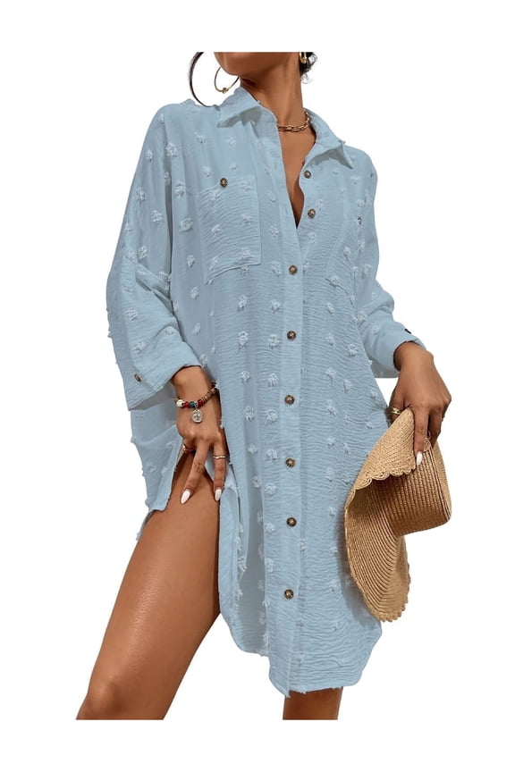 Women Swimsuit Cover Up Button Down Shirt Beach Dresses Bikini Bathing Suit Cover Ups Swiss Dot Tops