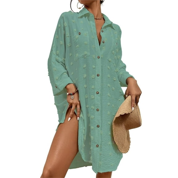 Bsubseach Women Swimsuit Cover Up Button Down Shirt Beach Dresses Bikini Bathing Suit Cover Ups Swiss Dot Tops