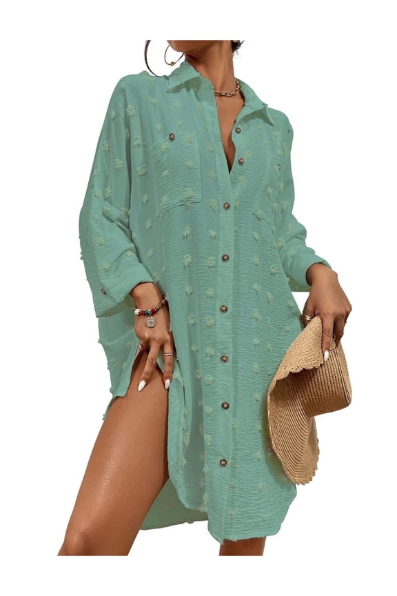Women Swimsuit Cover Up Button Down Shirt Beach Dresses Bikini Bathing Suit Cover Ups Swiss Dot Tops