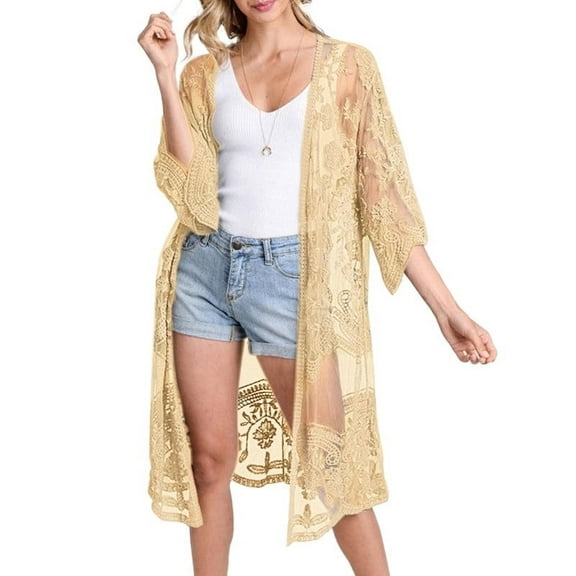 Bsubseach Women Mesh Lace Kimono Cardigan Swimsuit Cover Ups Floral Beachwear Dress