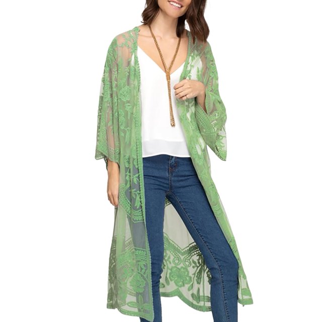 Bsubseach Women Swimsuit Cover up Mesh Lace Kimono Cardigan Open Front