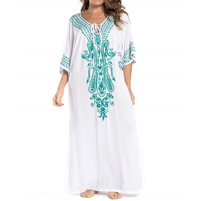 Bsubseach Women Swimsuit Cover up Short Sleeve V Neck Side Split Beach Robe Kaftan Dresses