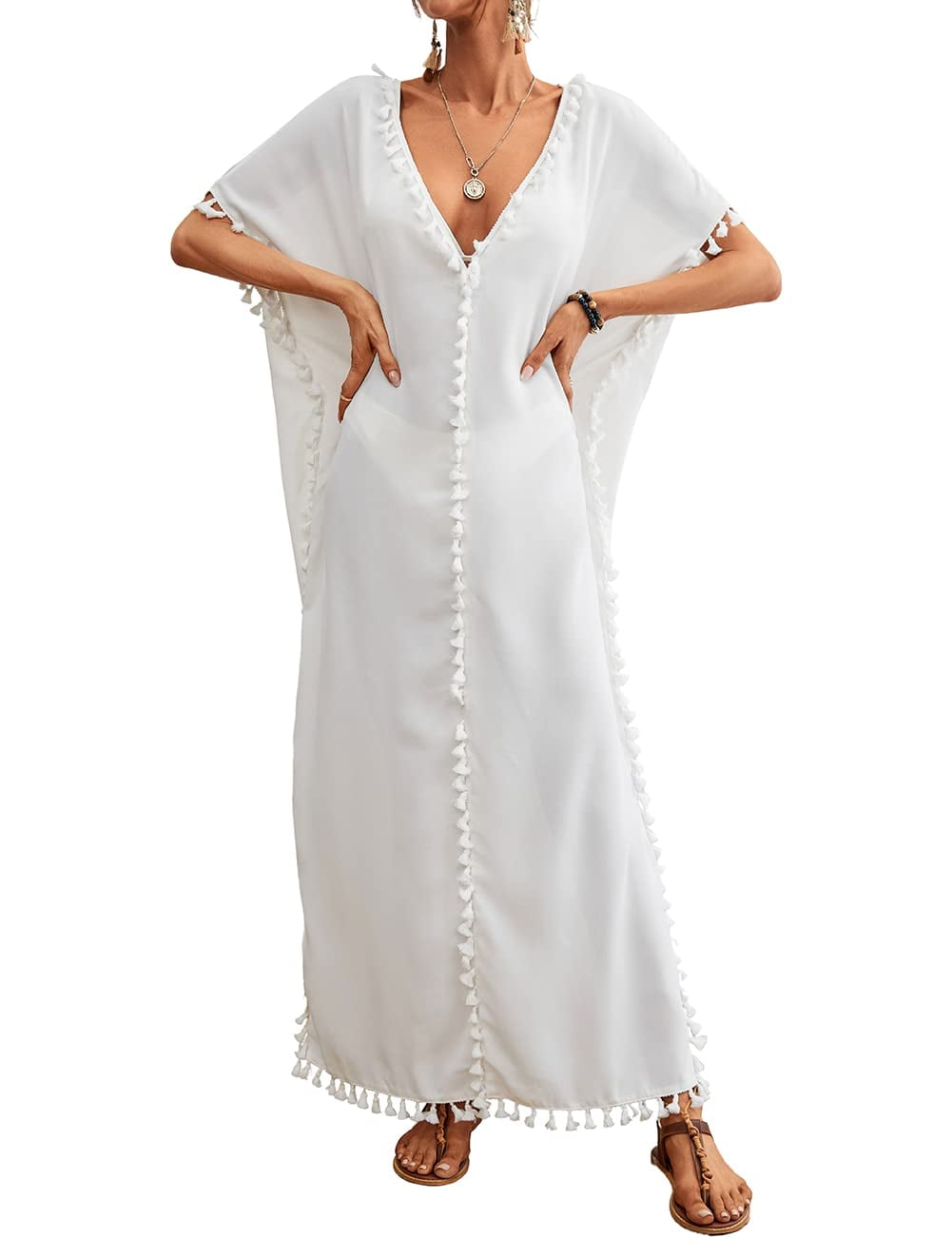Bsubseach Women V Neck Maxi Swimsuit Cover Up Tassels Solid Color Kaftan Summer Short Sleeve