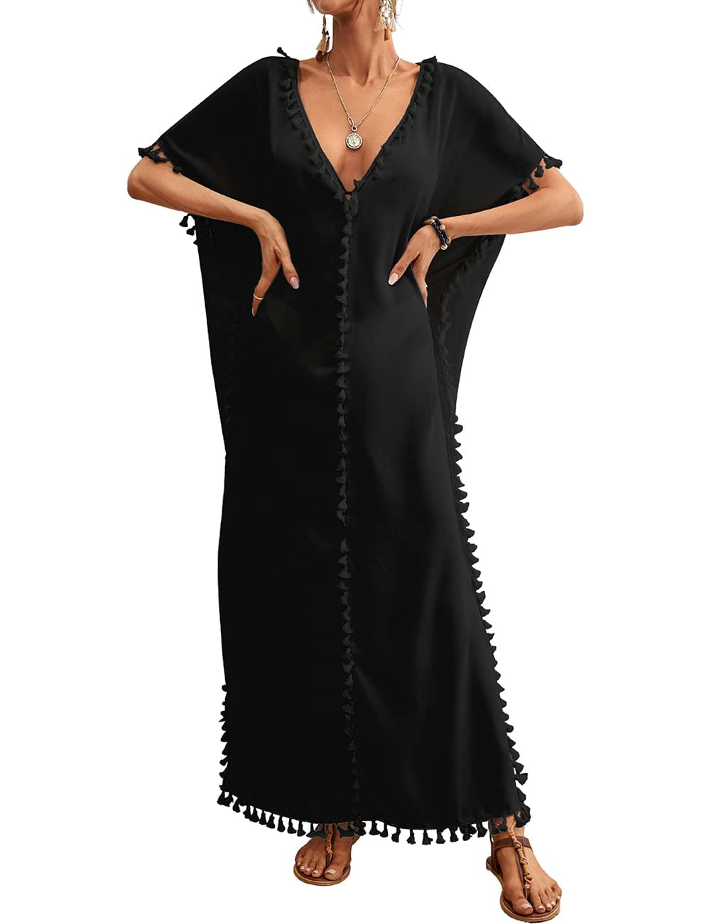 Bsubseach Women V Neck Maxi Swimsuit Cover Up Tassels Solid Color Kaftan Summer Short Sleeve