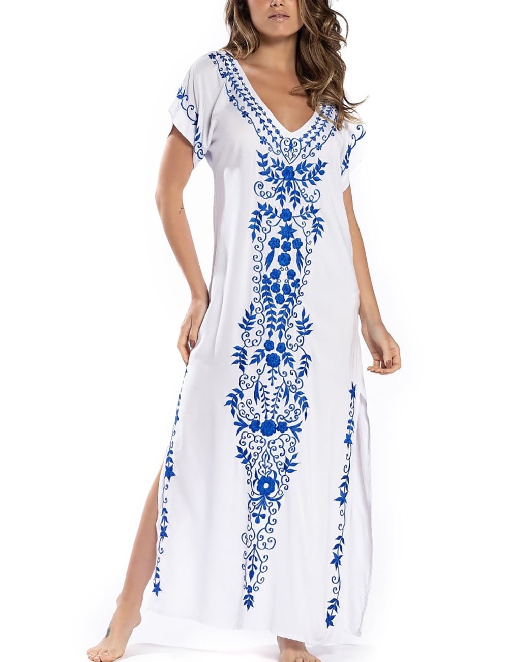 Bsubseach Kaftan Dress for Women V Neck Short Sleeve Beach Long Swimsuit  Cover Up, One Size, 100% Rayon