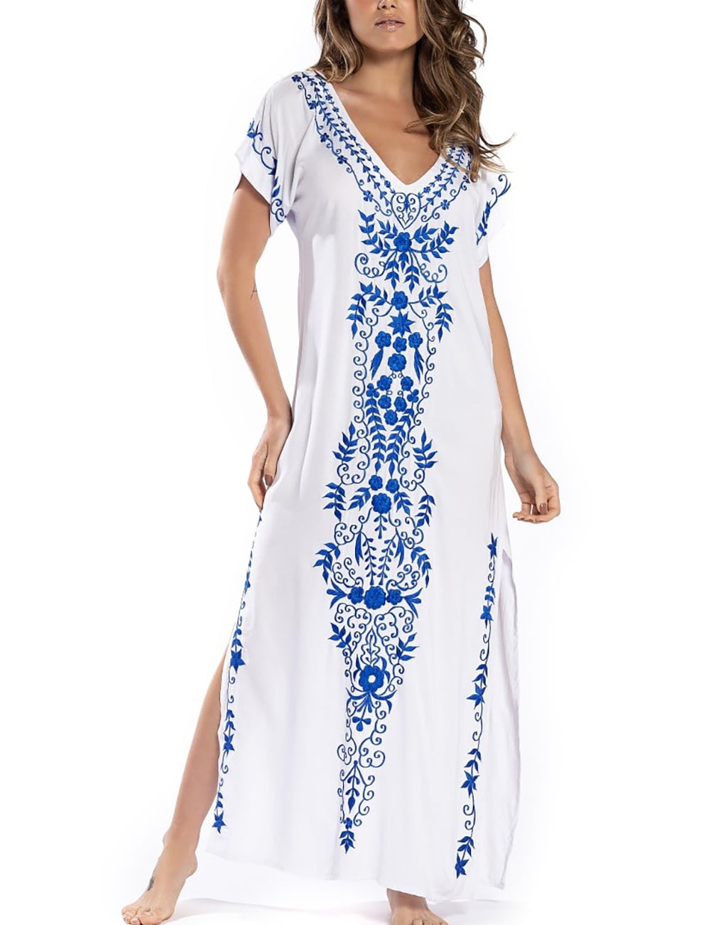 Plus Size Stripe Print V-Neck Beach Kaftan Cover-Up
