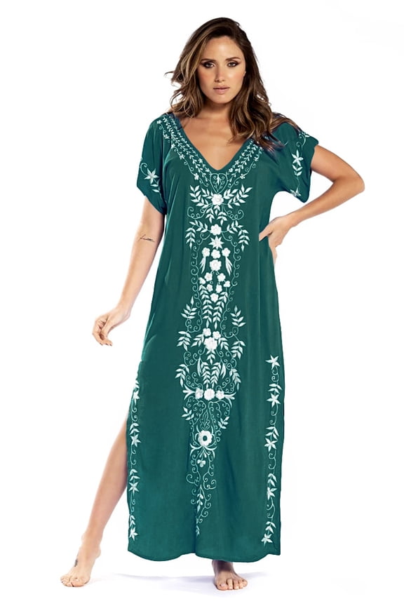 Kaftan Dress for Women V Neck Short Sleeve Beach Long Swimsuit Cover Up, One Size, 100% Rayon