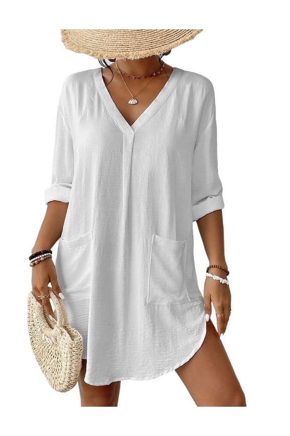 Women White Swimsuit Cover Up V Neck Bikini Cover Up With Pocket