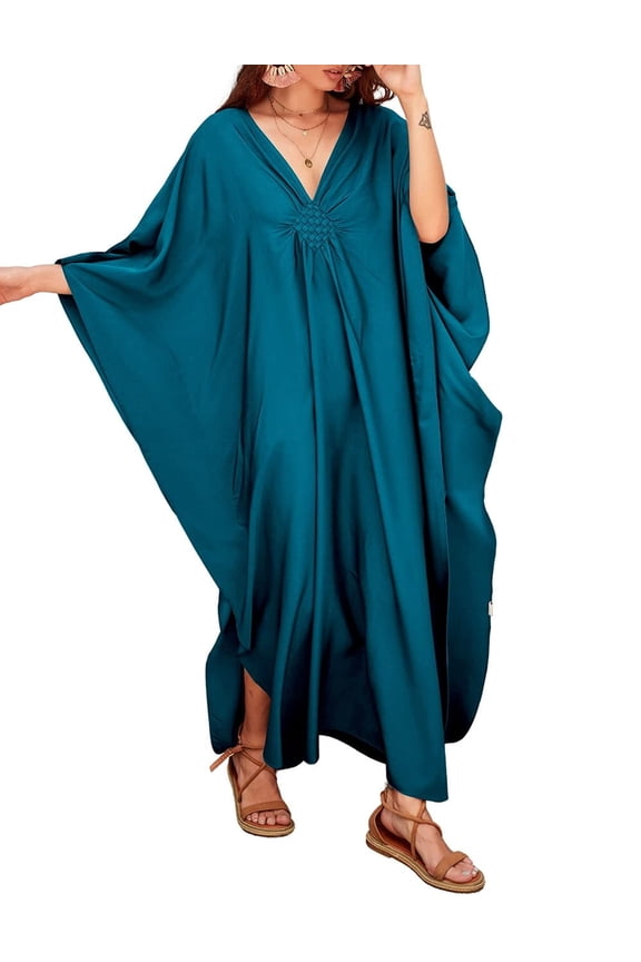 Women's Beach Caftan, Long Summer Maxi Dress, One Size, 100% Polyester Swimsuit Cover-up