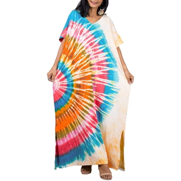 Bsubseach Women's Colorful Caftan Dress, Short Sleeve, Ankle Length, Lightweight Cover-Up, One Size