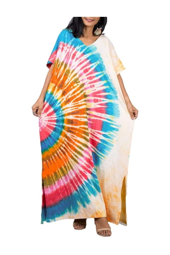 Women's Colorful Caftan Dress, Short Sleeve, Ankle Length, Lightweight Cover-Up, One Size