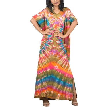 Bsubseach Women's Colorful Kaftan Short Sleeve Ankle Length Dress, Swimsuit Cover-Up