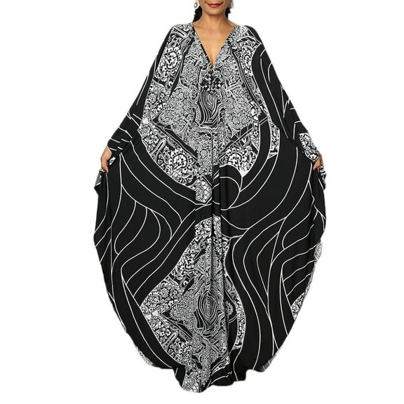 Bsubseach Women's Plus Size Ethnic Print Caftan Dress, Ankle-Length, Batwing Sleeve
