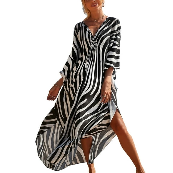 Bsubseach Women's Print Turkish Kaftan Bikini Cover up Sexy V-Neck Beachwear