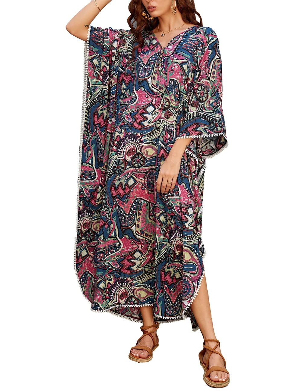 Bsubseach Womens Beachwear Bikini Cover up Print Kaftan Maxi Dress