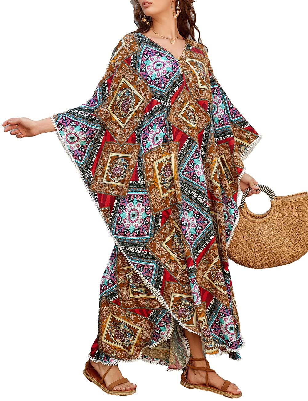 Bsubseach Womens Beachwear Bikini Cover up Print Kaftan Maxi Dress
