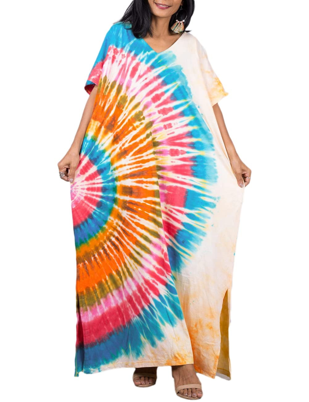 Bsubseach Womens Colorful Kaftan Short Sleeve Long Maxi Dress Summer