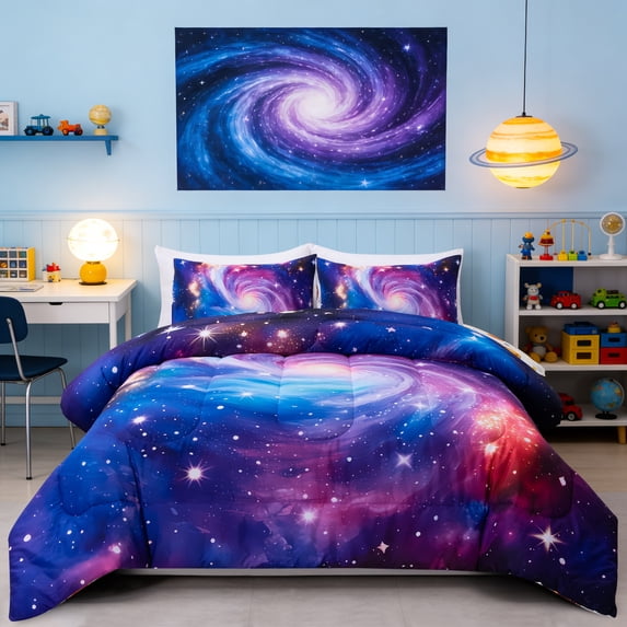 Btargot 3 Piece Galaxy Space Boy Twin Comforter Set Reversible Planet Abstract Style Kid Bedding Set