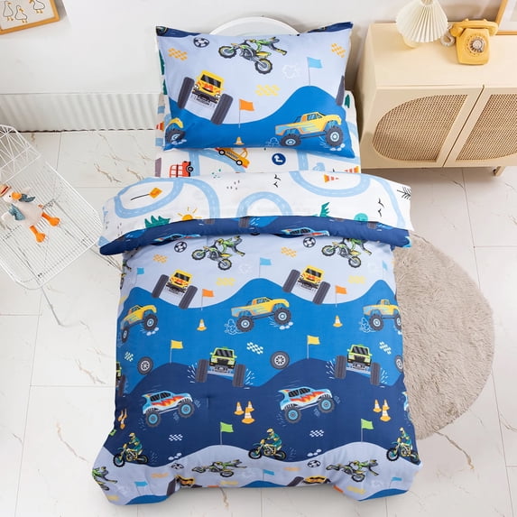 Btargot 4 Piece Toddler Bedding Set Construction Truck Comforter Set for Boys Excavator Motorcycle