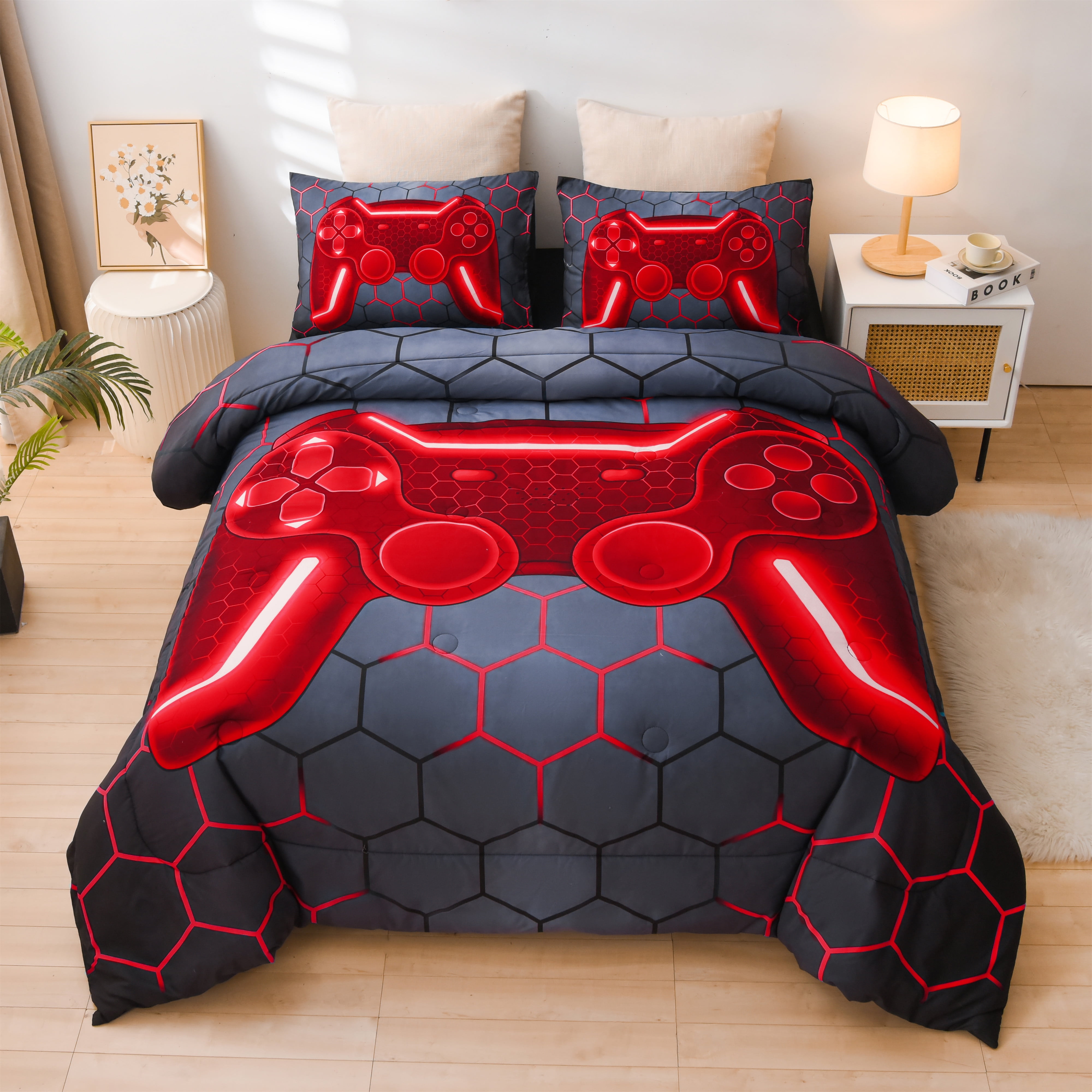 Btargot 3D Gaming Geometric Lightweight Queen Bedding Comforter Set Game Console BedinaBag