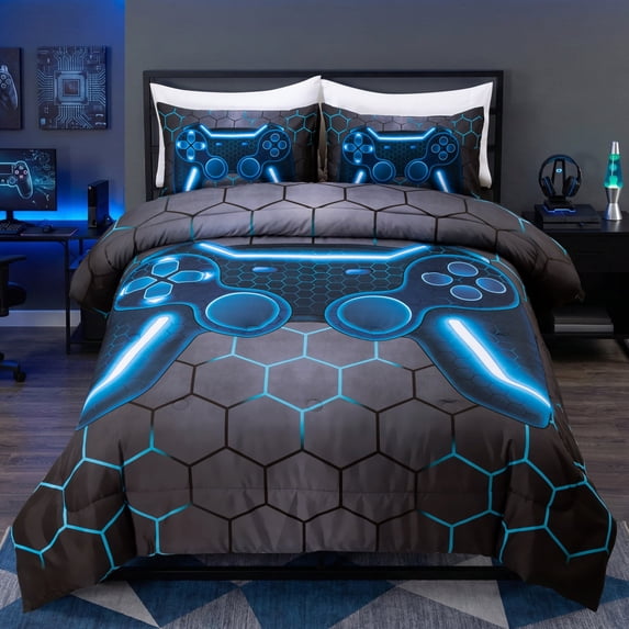 Btargot 3 Piece Gaming Geometric Lightweight Twin Bedding Comforter Set Game Console Blue