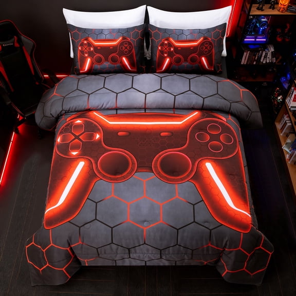 Btargot 3 Piece Twin Gaming Geometric kids bedding sets for boys 3D Game Console Red Cofmorter Set