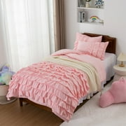 Btargot 3PC Waterfall Ruffled Princess Comforter Set Twin Soft Chic Bedding Set for Kids Girls Pink