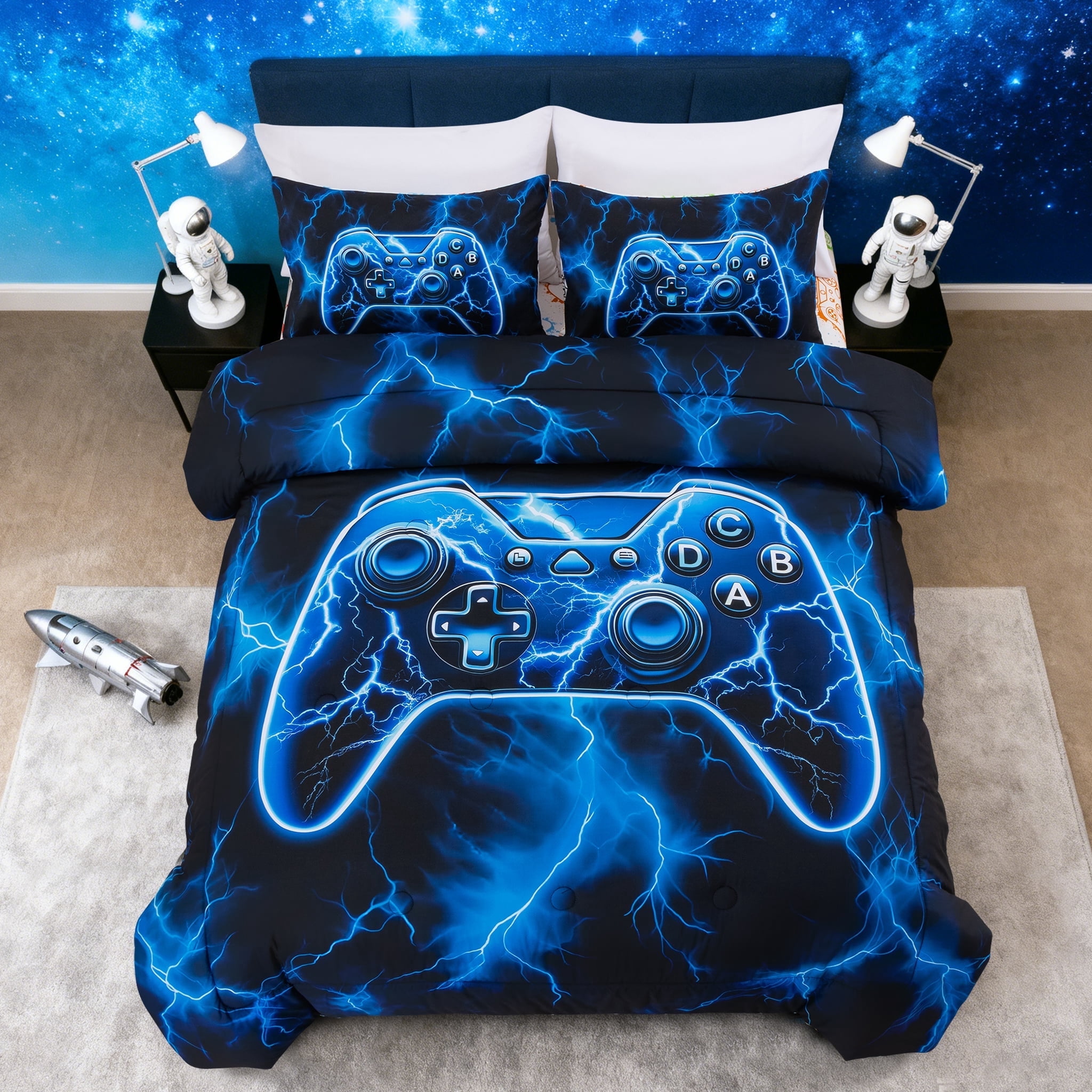 Btargot 3 Piece Gamer Boy Twin Comforter Set Blue Lightning Game Controller Print Kids Bedding Set