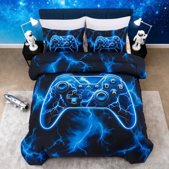 Btargot 3 Piece Gamer Boy Twin Comforter Set Blue Lightning Game Controller Print Kids Bedding Set