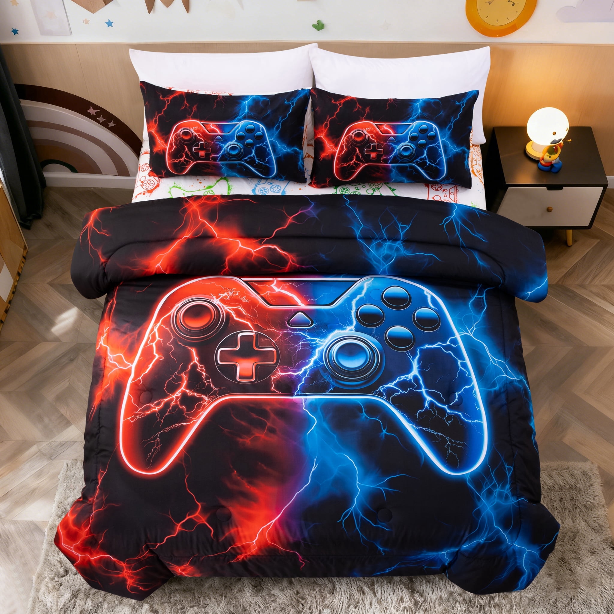Btargot 3 Piece Lighting Game Red Blue Comforter Set Twin Neon Gamepad Kids Boys Bedding Set
