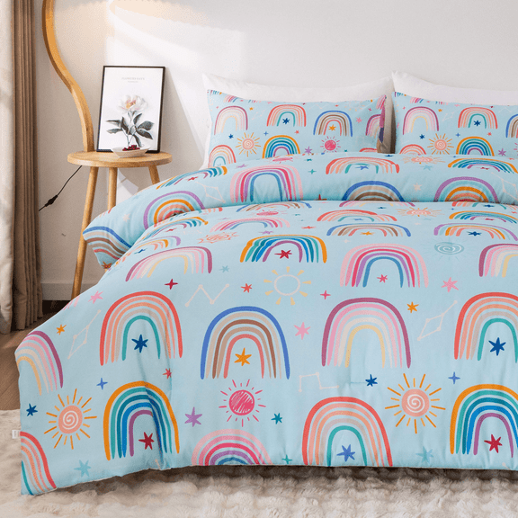 Btargot 3PCS Rainbow Queen Comforter Set Kids Blue Rainbow Sunny Girls Soft Bedding Set