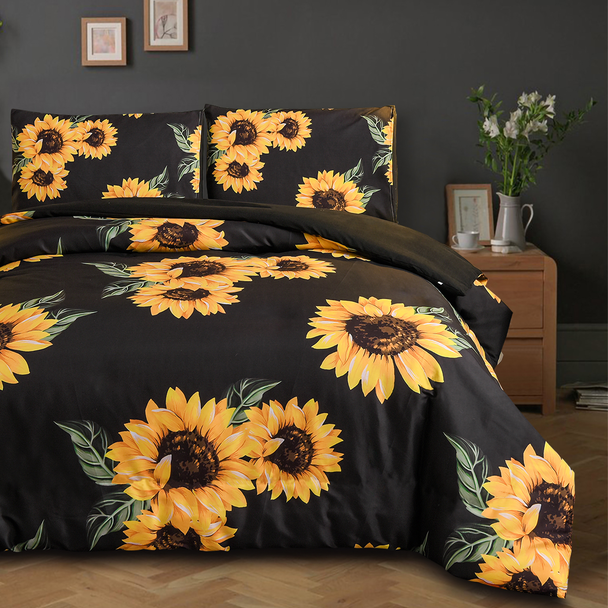 Btargot 3Pcs Black Sunflower Bedding Comforter Set Queen Microfiber