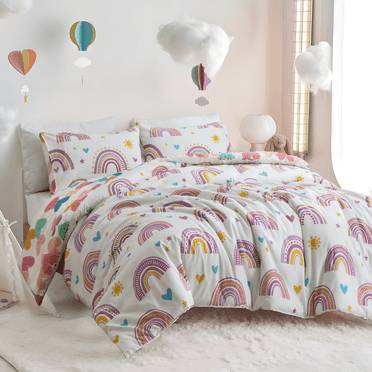 Btargot 3Pcs Purple Kids Rainbow Twin Comforter Set for Girls Cute Flower Love Heart Quilt Kids Bedding Set Bed-in-a-Bag