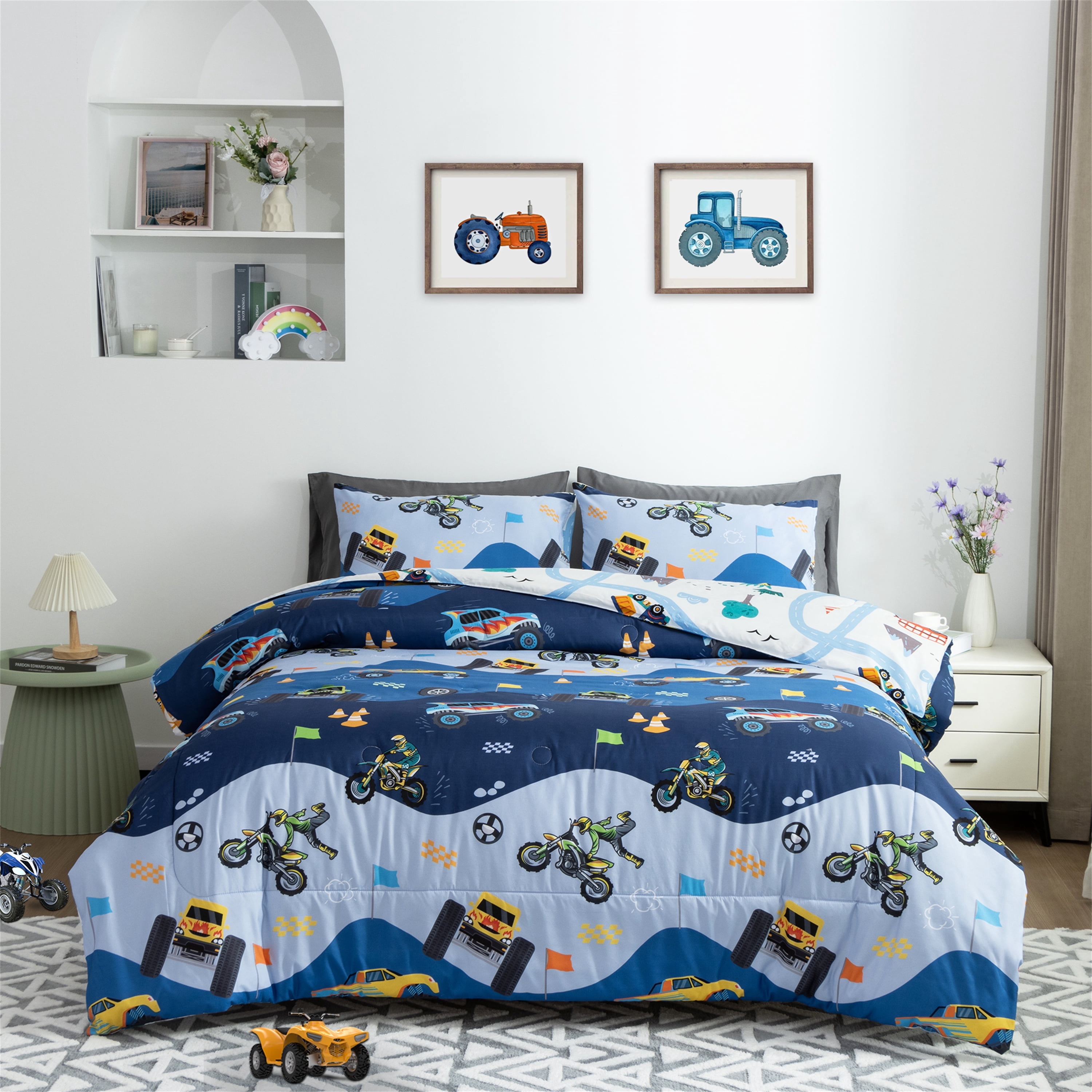 Btargot 3Pcs Reversible Cartoon Car Kids Off-Road Vehicle Comforter Set Full Race Car Motorcycle Construction Truck Bedding Set for Car Fans Boys Blue