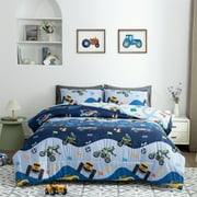 Btargot 3Pcs Reversible Construction Truck Twin Comforter Set for Boys Kids Excavator Vehicle Motorcycle Bedding Set Blue