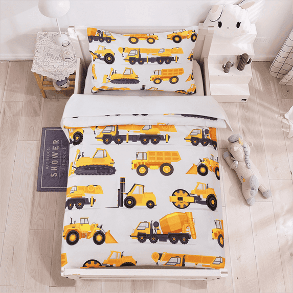 Btargot 4 Piece Construction Toddler Bedding Set Truck Excavator for Baby Boys White Comforter Sheet