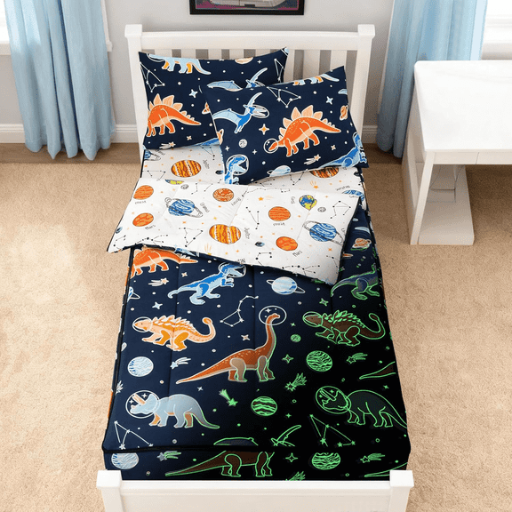 NTBED Zippered Comforter Set, Glow in The Dark Kids Comforter Set Dinosaur Galaxy Printed, Space Bedding Set Twin Size for Boys Girls