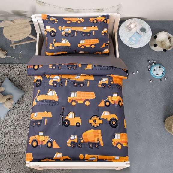 Btargot 4 Piece Gray Construction Toddler Bedding Set for Boy Truck Excavator Toddler Comforter Set