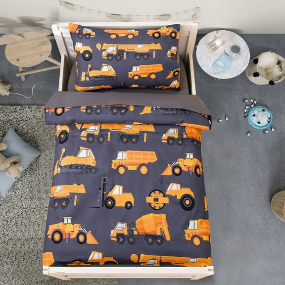 Btargot 4 Piece Gray Construction Toddler Bedding Set for Boy Truck Excavator Toddler Comforter Set